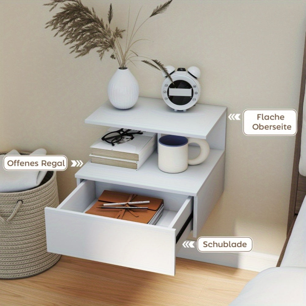 Bedside table, hanging bedside table Side table with drawers, open compartment, bedroom, living room sofa table, white, 39.8 x 35 x 31.6cm