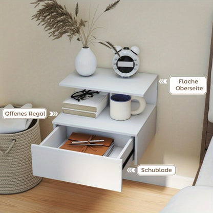 Bedside table, hanging bedside table Side table with drawers, open compartment, bedroom, living room sofa table, white, 39.8 x 35 x 31.6cm