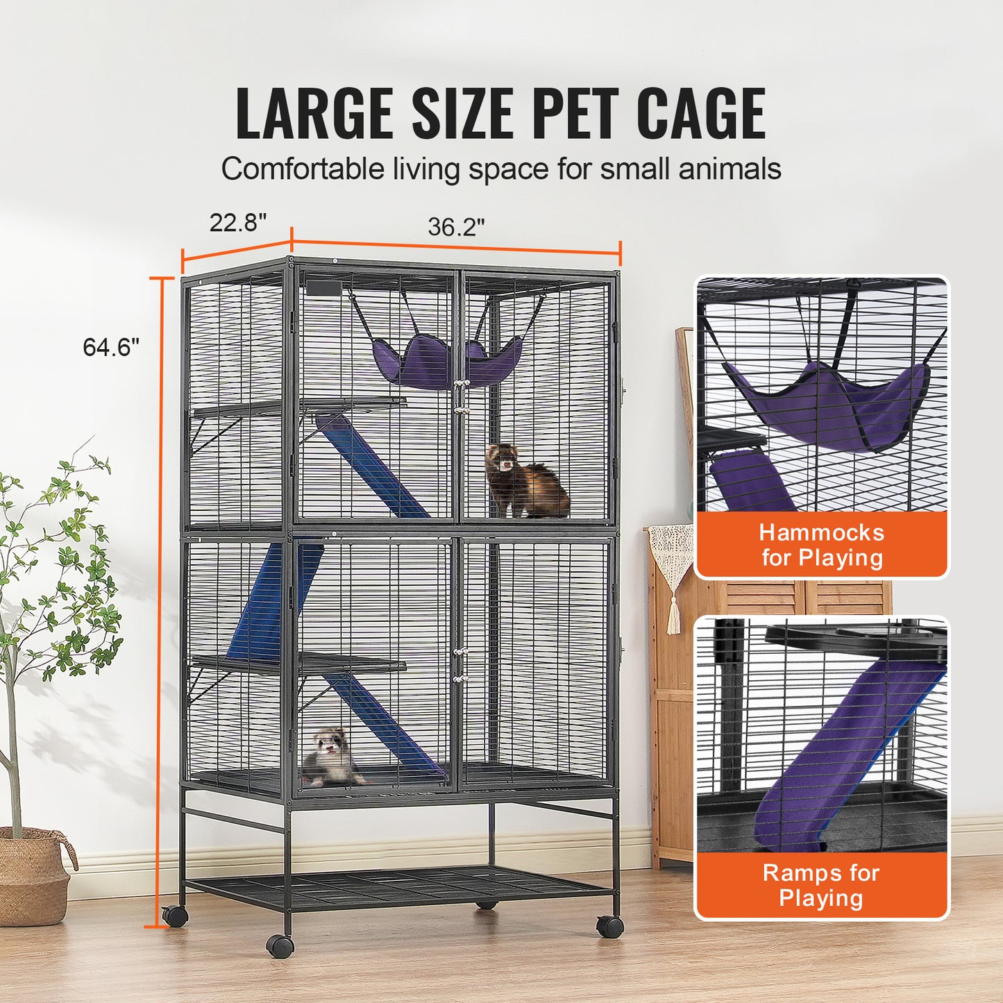 Dierenkooi Voor Kleine Huisdieren – Frettenkooi – Knaagdierkooi – Chinchillakooi – Caviakooi – Ruim 92x58x164 cm – Met 4 Platforms En Mobiele Wielen