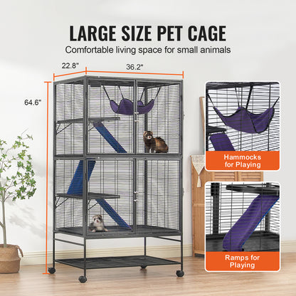 Dierenkooi Voor Kleine Huisdieren – Frettenkooi – Knaagdierkooi – Chinchillakooi – Caviakooi – Ruim 92x58x164 cm – Met 4 Platforms En Mobiele Wielen
