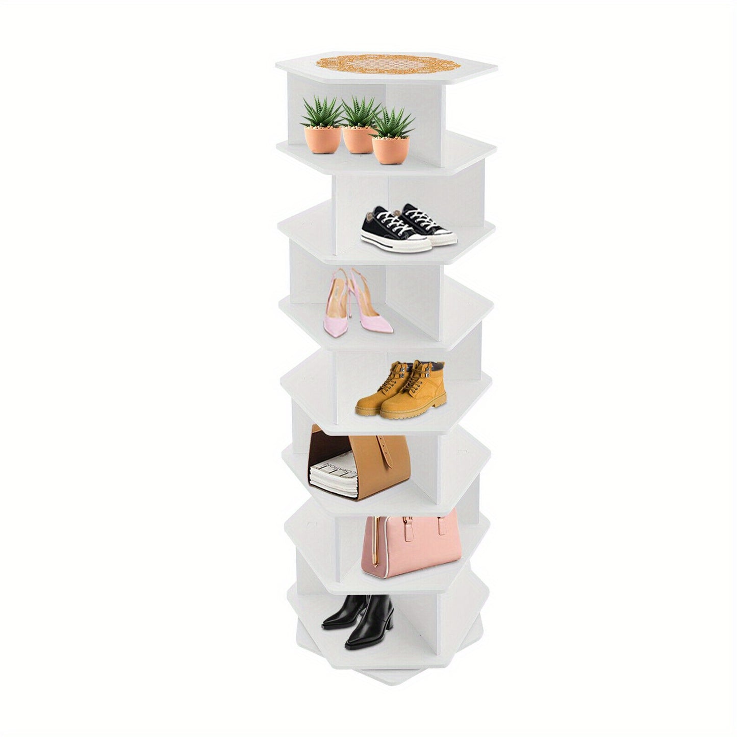 7-laags Draaibaar Schoenenrek – Schoenenkast – Schoenentoren – Schoenhouder – Schoenopberger – 360° Rotatie – Duurzaam PVC Wit