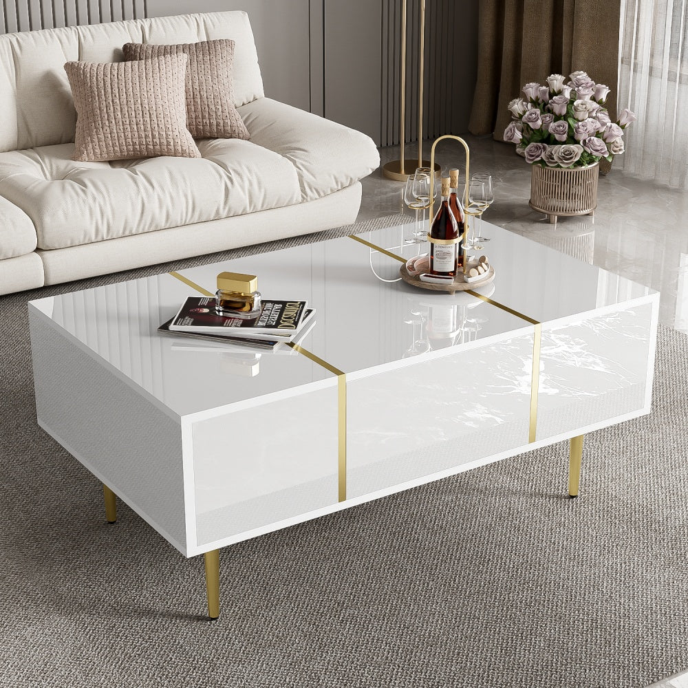 Salontafel – Koffietafel – Woonkamertafel – Bijzettafel – Tafeltje – Hoogglans Wit – 2 Ruime Lades – Gemakkelijk Schoon Te Maken