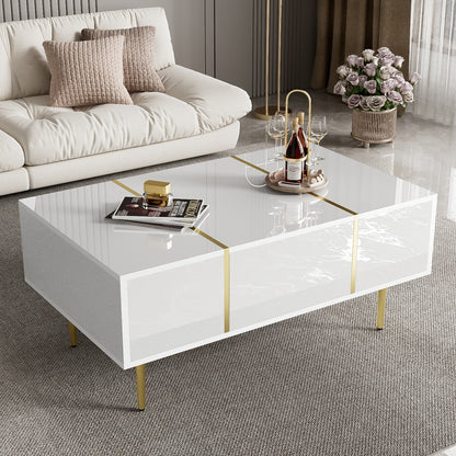 Salontafel – Koffietafel – Woonkamertafel – Bijzettafel – Tafeltje – Hoogglans Wit – 2 Ruime Lades – Gemakkelijk Schoon Te Maken