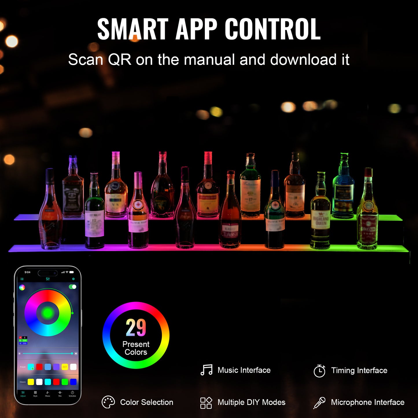 LED-Displaykast – Vitrinekast – Barplank – Flessenhouder – Displayrek – LED-Verlichting 60 Lampjes/m – RF- en App-Bediening