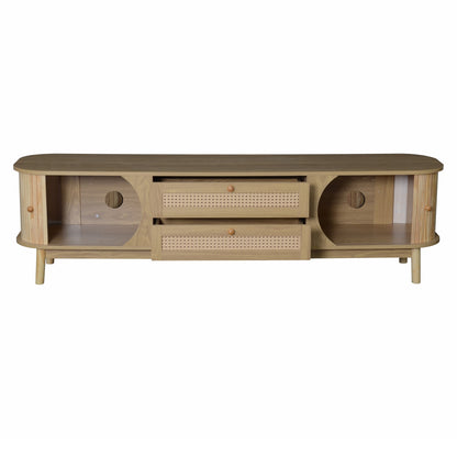 TV-Meubel – TV-Kast – TV-Board – Lowboard – Media Meubel – Hout Met Rattan Optiek – Schuifdeur Met Opbergruimte – Scandinavisch Design 170x39,5x46 cm