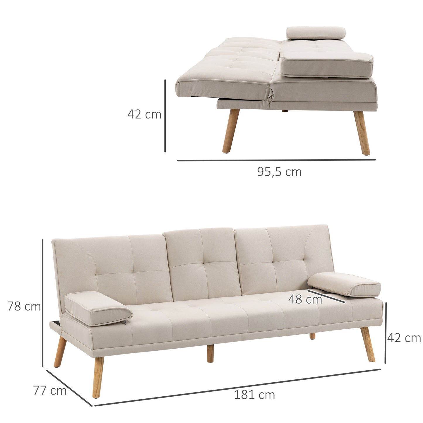 3-zits Slaapbank – Bedbank – Sleeper Sofa – Slaapbankje – Slaapzetel – Scandinavisch Design – Verstelbare Rugleuning in 3 Standen – Stevig Massief Populierenhout – Beige Linnen Bekleding