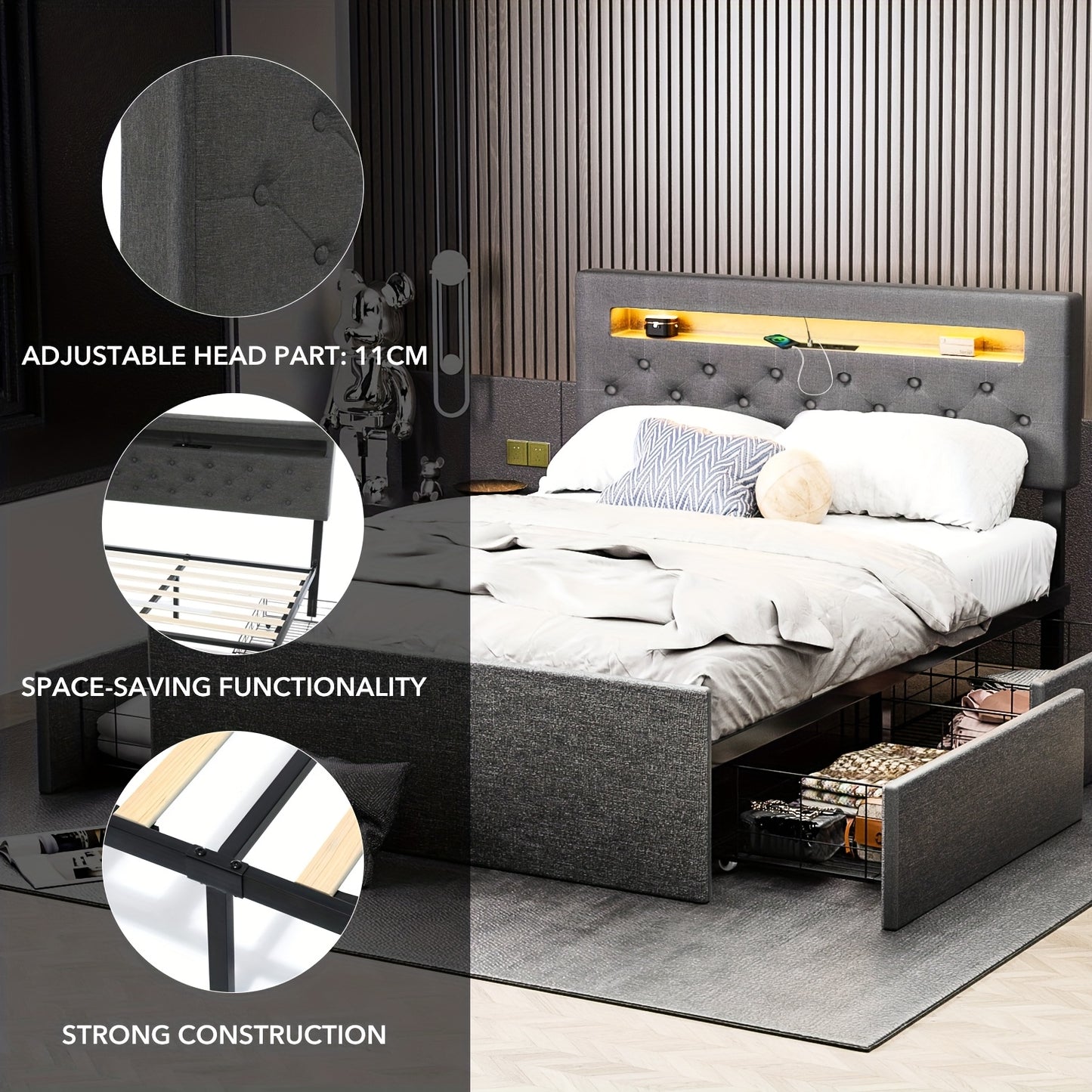 Bedframe – Bed – Ledikant – Slaapbed – Opbergbed – Modern Design – 4 Ruime Opberglades – Stofbekleding Grijs Linnen