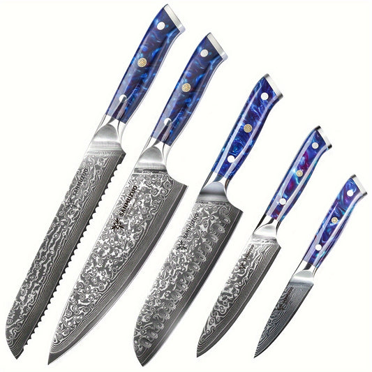Damascus Chef Cooking Knives Set - Kitchen Knife Set of 5pcs, Ultra Sharp Japanese VG-10 steel with Resin Handle, Professional Kitchen Knife, Sunset Red of Xuan Series