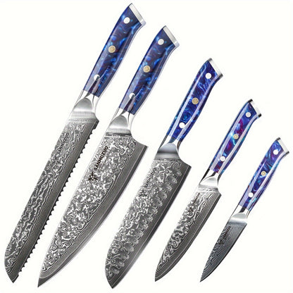 Koksmes Set – Keukenmessen – Snijmessen – Serveerdoeken – Vleesmessen – Blauw – Japans VG-10 Damaststaal – Ergonomische Resin Handgrepen