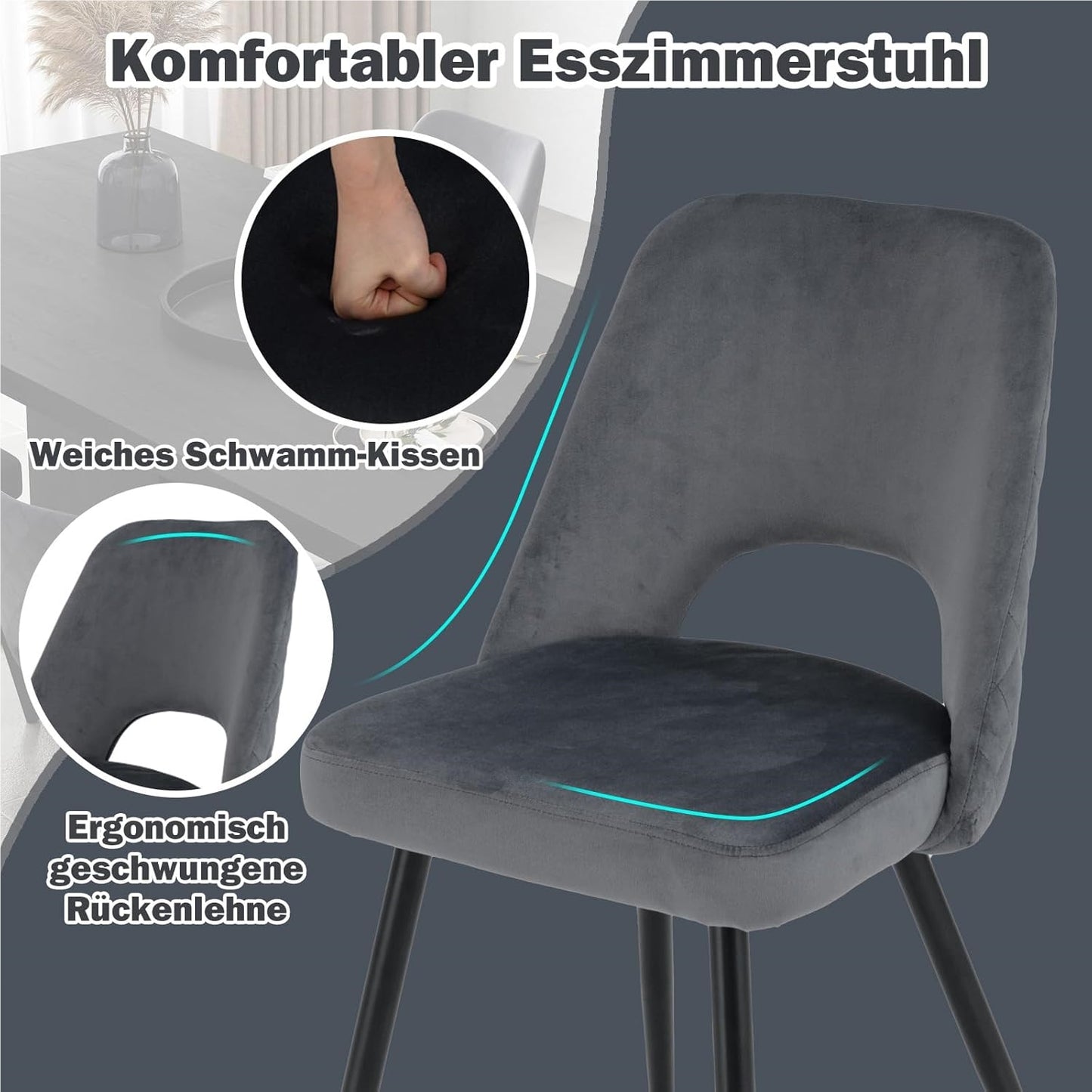 Eetkamerstoel – Stoel – Kuipstoel – Keukenstoel – Woonkamerstoel – Gestoffeerd – Metalen Onderstel – Zithoogte 51 cm – Max. Draagvermogen 150 kg