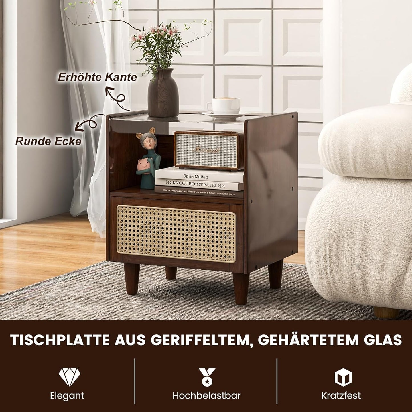 Bamboe Nachtkastje – Bedside Table – Nachtconsole – Slaapkamerkastje – Dressoir – Rieten Lade – Glasbladt – 43 x 35 x 50 cm – Verborgen Kabelopslag