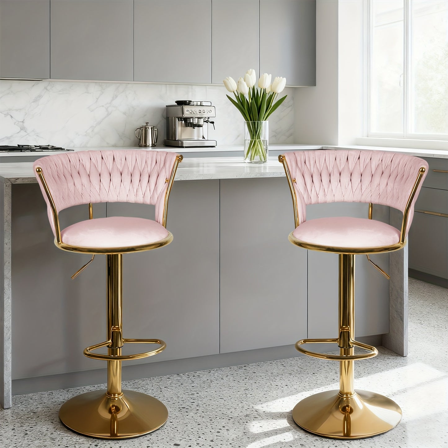 Barstoel – Barkruk – Barstoel Kruk – Keukenstoel – Barkrukken Set Van 2 – Velvet Bekleding – Verstelbare Zithoogte – Gouden Metalen Poot – Stapelbaar En Duurzaam