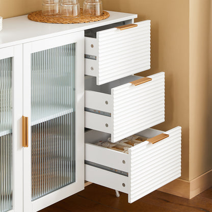 Keukenkastje – Keukenkast – Opbergkast – Buffetkast – Ladeskast – Wit Met Gouden Details – 3 Lades En 2 Glazen Deuren – MDF En Metaal