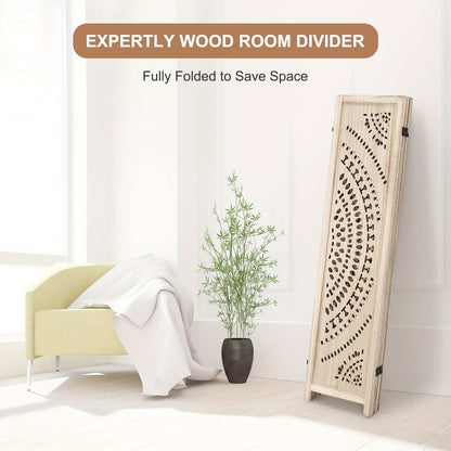 Houten Kamerscherm – Room Divider – Ruimteverdeler – Scheidingswand – Vouwscherm – 6 Panelen Massief Hardhout – Fraai Uitgesneden Bloemmotief – Vrijstaand En Inklapbaar – Lichtbruine Houtkleur