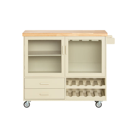 Mobile Kitchen Cart with Wooden Worktop - Central Island Kitchen Furniture for Dining Room, Green and Natural Storage Kitchen Cabinet, 109 × 40 × 92 cm, FKW114-GR, SoBuy