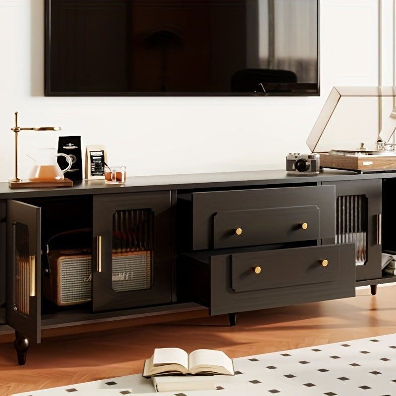Retro TV Stand with Glass Door Cabinet - Heavy-Duty Metal Construction, Black Entertainment Center with Golden Handles, Living Room Storage Furniture for Media Console or Sideboard - Easy Assembly Required, Tv Console for Liv