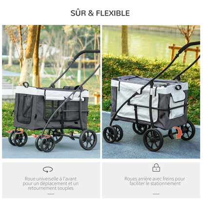 Dierenwagen – Hondenwagen – Kattenwagen – Huisdierwagen – Draagbare Mand – Stevige Stalen Frame – Ademend Gaas Met Veiligheidsharnassen – Grijs 81x58x97,5 cm