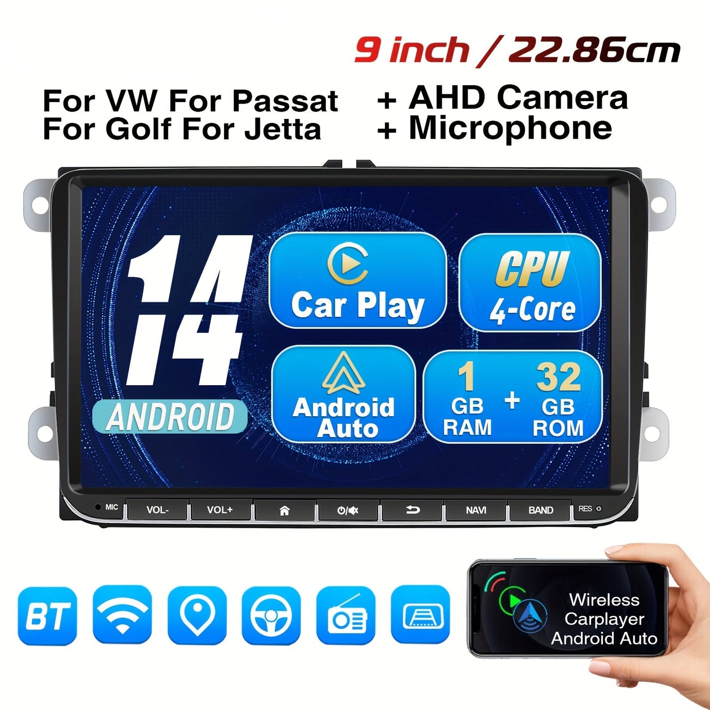 Multimedia Car Stereo – Auto Radio – Navigatiesysteem – GPS Speler – Draadloze CarPlay – 9 Inch IPS Touchscreen – AHD Achteruitrijcamera & Microfoon