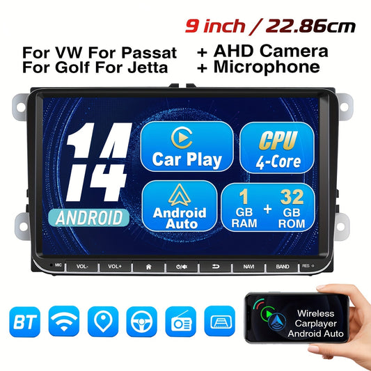 Multimedia Car Stereo – Auto Radio – Navigatiesysteem – GPS Speler – Draadloze CarPlay – 9 Inch IPS Touchscreen – AHD Achteruitrijcamera & Microfoon