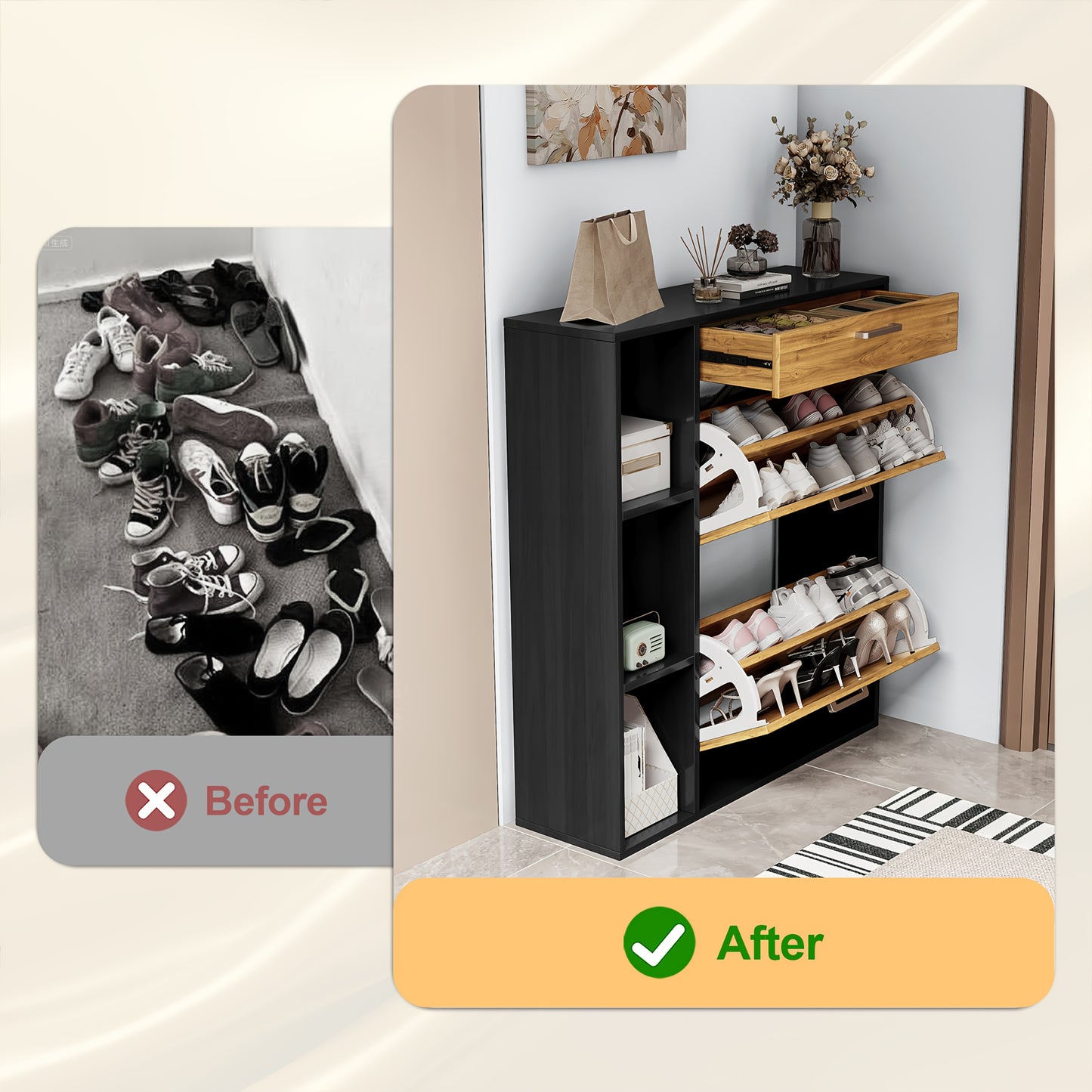 Houten Schoenenkastje – Schoenopberger – Schoenenrek – Schoenentoren – Schoenendisplay – Zwart – 2 Klapladen – Geschikt Voor 12-15 Paar Schoenen