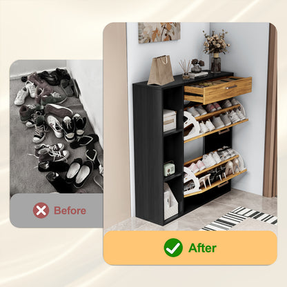 Houten Schoenenkastje – Schoenopberger – Schoenenrek – Schoenentoren – Schoenendisplay – Zwart – 2 Klapladen – Geschikt Voor 12-15 Paar Schoenen