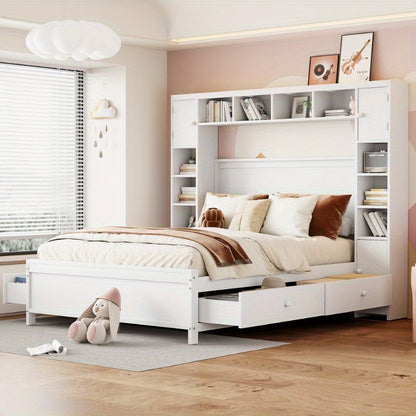 Bedframe – Tweepersoonsbed – Opbergbed – Ladebed – Slaapbank – Moderne Witte Kleur – 4 Lades & Kast – Lattenbodem 3,56x5,08 m – Ruimtebesparend Ontwerp