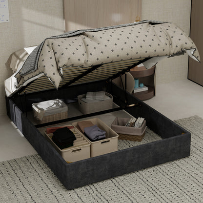 Bedframe – Bedombouw – Slaapkamerbed – Opbergbed – Gasliftbed – Grijs Fluweel – 140x200 cm – Met Gaslift Opbergruimte – Stevig Metalen Frame