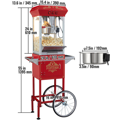 Popcornmachine – Popcornmaker – Popcornmachine met Kar – Popcorn Popper – Professionele Popcornmachine Rood – 850W Vermogen – Ketelcapaciteit 230g