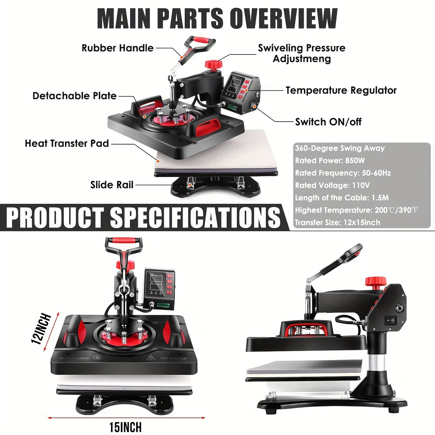 Transferpers – Hittepers – Warmtepers – Heat Press – 5-in-1 Multifunctioneel – 38x30 cm Werkoppervlak – 360° Draaibaar