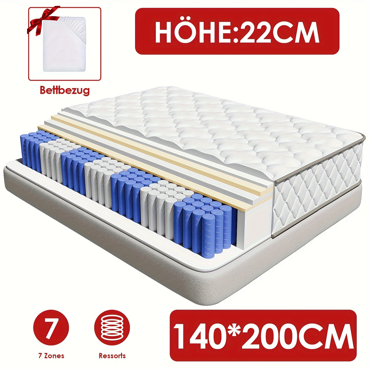 7-Zone Pocketveringmatras – Matras – Slaapmatras – Pocketmatras – Stevig Matras – 140x200 cm – Extra Stevig H3 – Ergonomische Memory Foam Toplaag