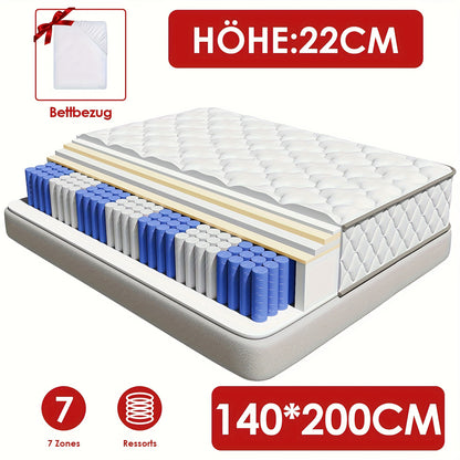 7-Zone Pocketveringmatras – Matras – Slaapmatras – Pocketmatras – Stevig Matras – 140x200 cm – Extra Stevig H3 – Ergonomische Memory Foam Toplaag