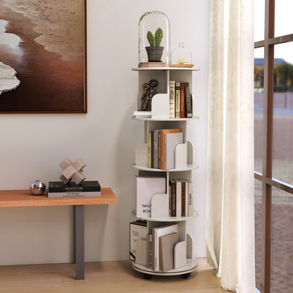 Boekenplank – Boekenrek – Wandplank – Boekenkast – Wandrek – 4 Lagen – 360° Draaibaar Met Remwielen – Wit MDF – Stevig & Gemakkelijk Te Monteren