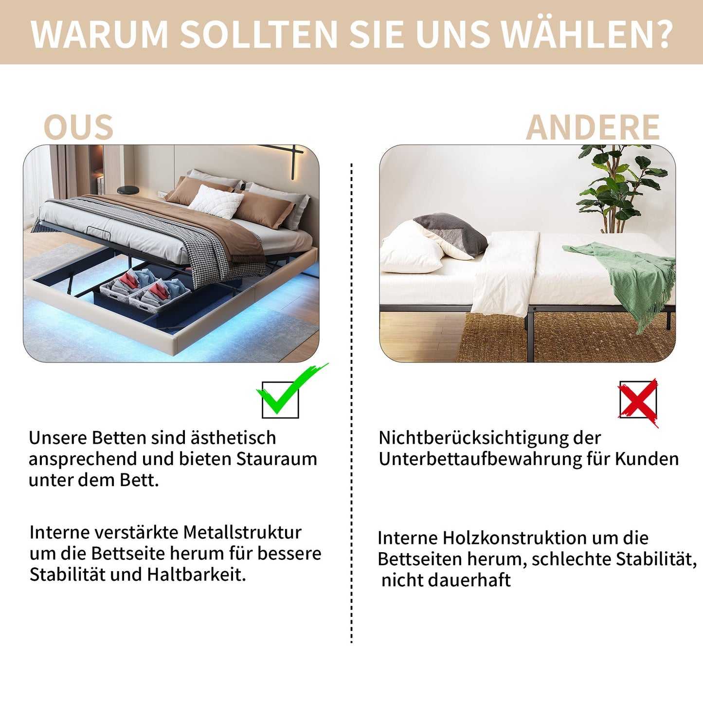 Upholstered Bed – Gestoffeerd Bed – Tweepersoonsbed – Bedframe – Slaapbank – Zwevend Design – Opbergruimte Onder Bed – 160x200 cm – PU Materiaal Beige