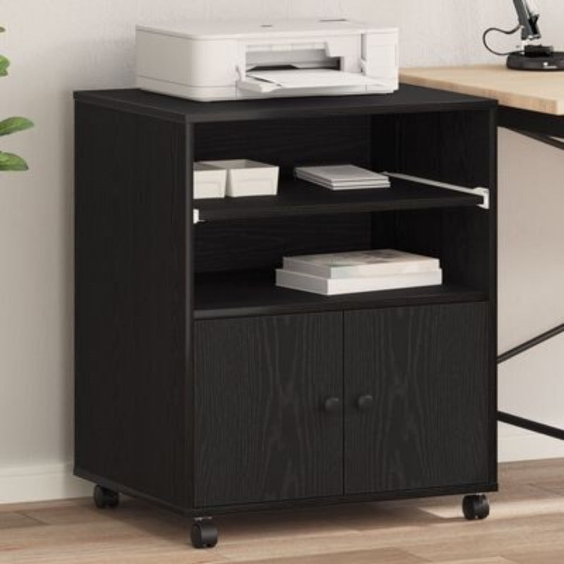 Black Oak Printer Stand Heavy-Duty Wood, Space-Saving Multi-Shelf Printer Cabinet with Sturdy Legs & White Pads - Portable Desktop Organizer for /Office, Printer, Scanner, Copier (60x48x74cm, Easy Assembly