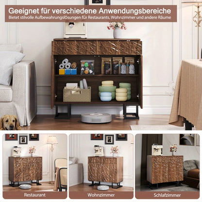 Dressoir – Opbergkast – Ladekast – Buffetkast – Sideboard – Donkerbruin Walnootfineer – 2 Laden en 2 Deuren – Grepenloos Design – Metalen Poot – 80x40x78 cm