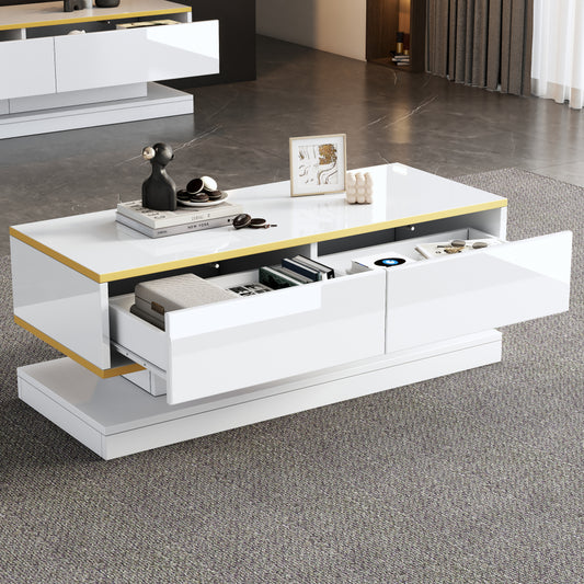 Salontafel – Koffietafel – Woonkamertafel – Bijzettafel – Tafeltje – Modern Hoogglans Wit met Gouden Accenten – Twee Ruime Lades met Smal en Breed Opbergvak