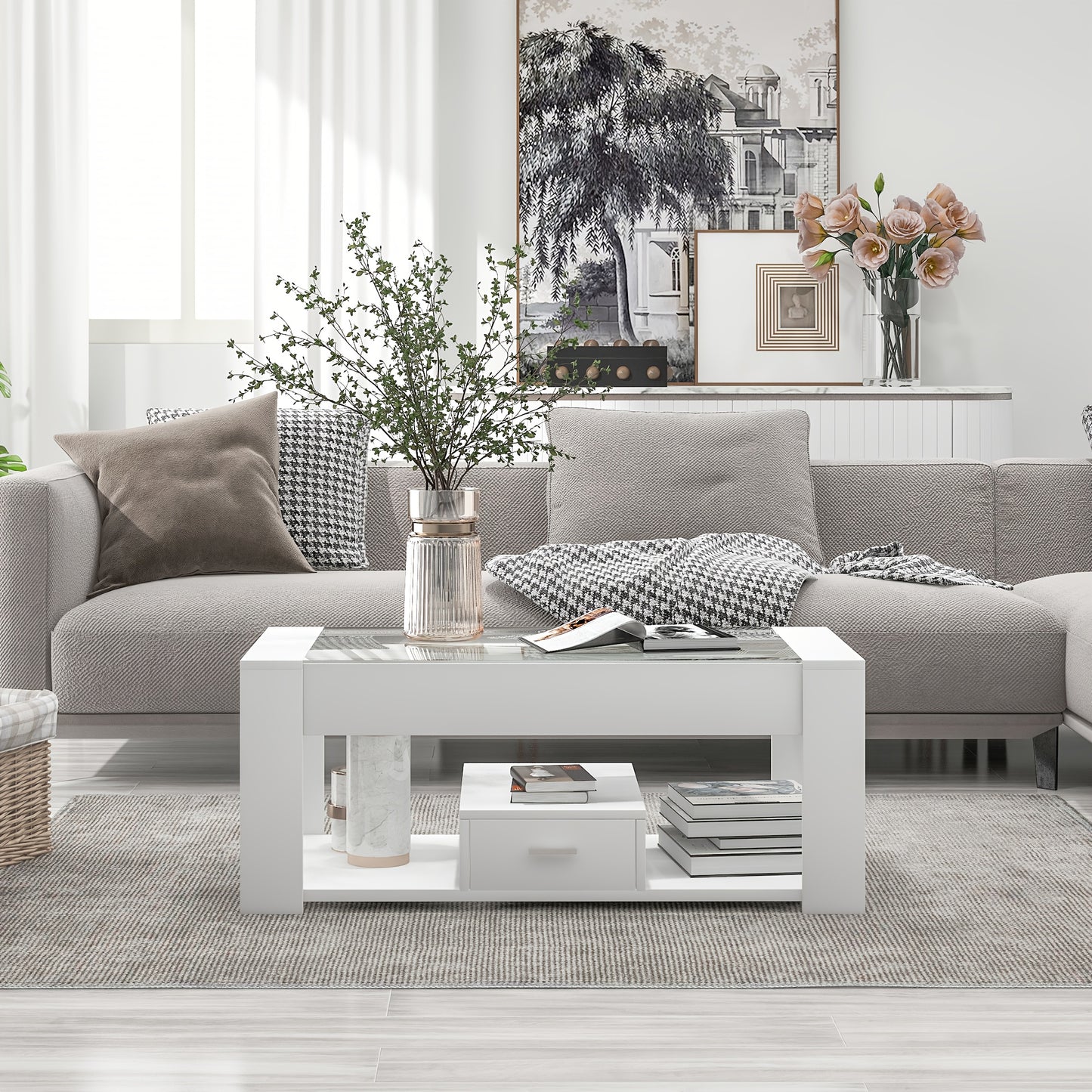 Salontafel – Woonkamertafel – Koffietafel – Tafel Met Opbergruimte – Sofa Tafel – Wit – Glazen Blad – Stevig Metalen Frame
