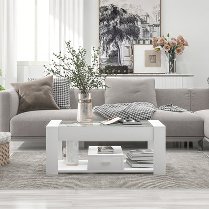 Salontafel – Woonkamertafel – Koffietafel – Tafel Met Opbergruimte – Sofa Tafel – Wit – Glazen Blad – Stevig Metalen Frame
