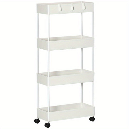 Keukentrolley – Keukenwagen – Serveerwagen – Opbergtrolley – Opbergrek – Met Wieltjes En Remmen – 4 Laags Wit Metalen Stevig Opbergrek