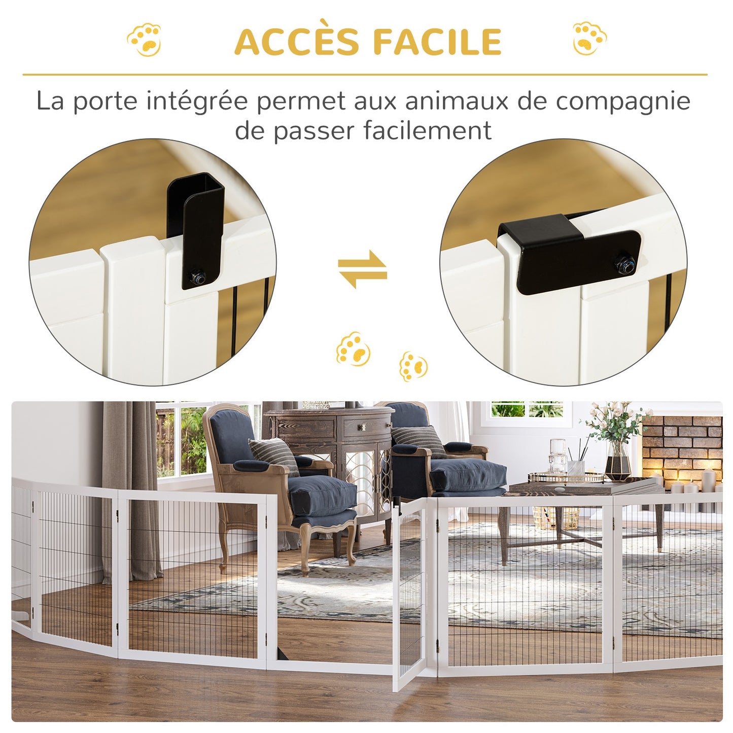 Hondenbarrière – Houten Hondenhek – Huisdier Afzetting – Zelfstaande Hondenscherm – Modulaire Hondenzone – 6 Panelen Inklapbaar – Stevig Massief Hout – 432 cm Breed – Wit