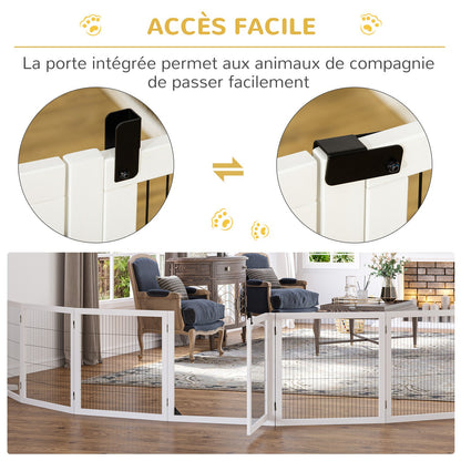 Hondenbarrière – Houten Hondenhek – Huisdier Afzetting – Zelfstaande Hondenscherm – Modulaire Hondenzone – 6 Panelen Inklapbaar – Stevig Massief Hout – 432 cm Breed – Wit