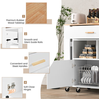 Keukeneiland – Keukentrolley – Keukenwagen – Keukenmeubel – Keukenbar – Draaibaar Werkblad – 7 Zwenkwieltjes – Rubberhout Wit