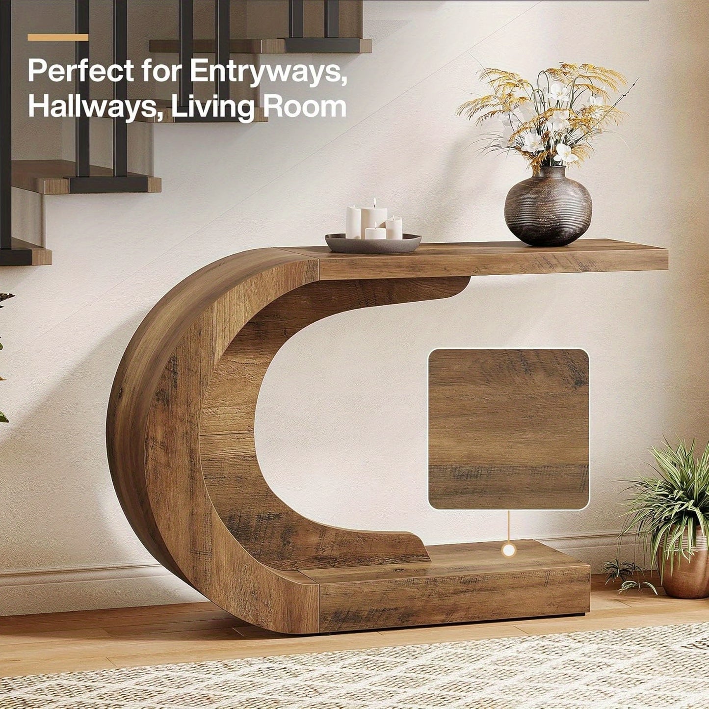 C-vormige haltafel – console tafel – sidetable – bijzettafel – entree tafel – Ruimtebesparend smal ontwerp – Massief hout en MDF stevig materiaal