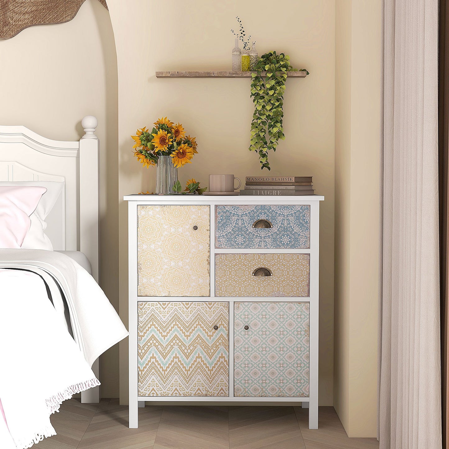 Sideboard – Dressoir – Opbergkast – Bijzetkast – Ladekast – Wit Shabby Chic – Massief Dennenhout – Compact Formaat 68x34x80 cm