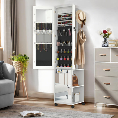 Sieradenkast – Sieradenopberger – Spiegelkast – Juvelenkast – Make-upkast – 360° Draaibare Spiegel – Afsluitbaar Met Slot – MDF & Staal – Wit – Met Wieltjes