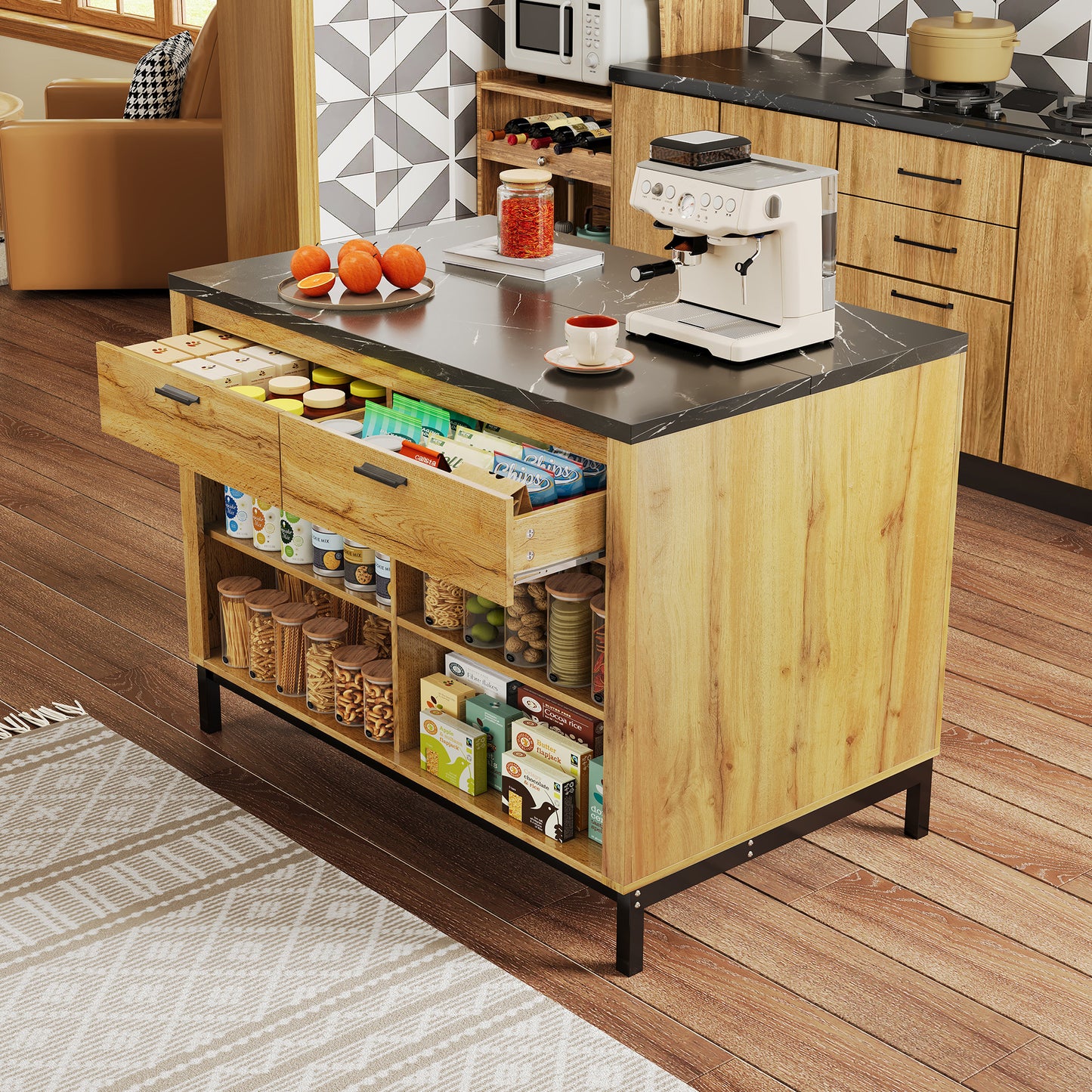 Keukenwagen – Keukentrolley – Keukenmeubel – Keukenkar – Eikenhoutdecor – Zwart Marmeren Werkblad – 120x75x90 cm – Met 2 Lades En 4 Open Planken