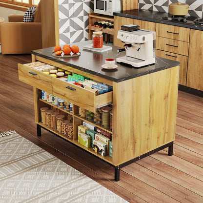 Keukenwagen – Keukentrolley – Keukenmeubel – Keukenkar – Eikenhoutdecor – Zwart Marmeren Werkblad – 120x75x90 cm – Met 2 Lades En 4 Open Planken