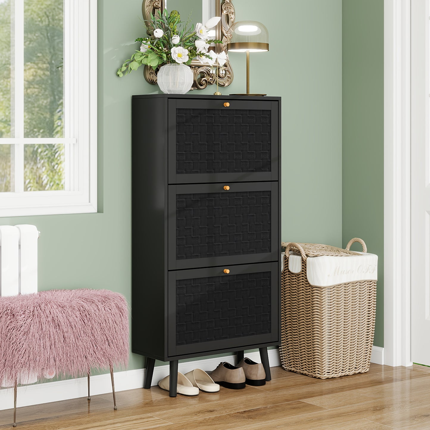 Schoenenkastje – Schoenenrek – Schoenopberger – Entreekast – Schoenmeubel – Zwart Bamboe – Boho Streepjespatroon – Compact 60x24x121 cm