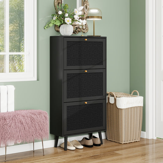Schoenenkastje – Schoenenrek – Schoenopberger – Entreekast – Schoenmeubel – Zwart Bamboe – Boho Streepjespatroon – Compact 60x24x121 cm