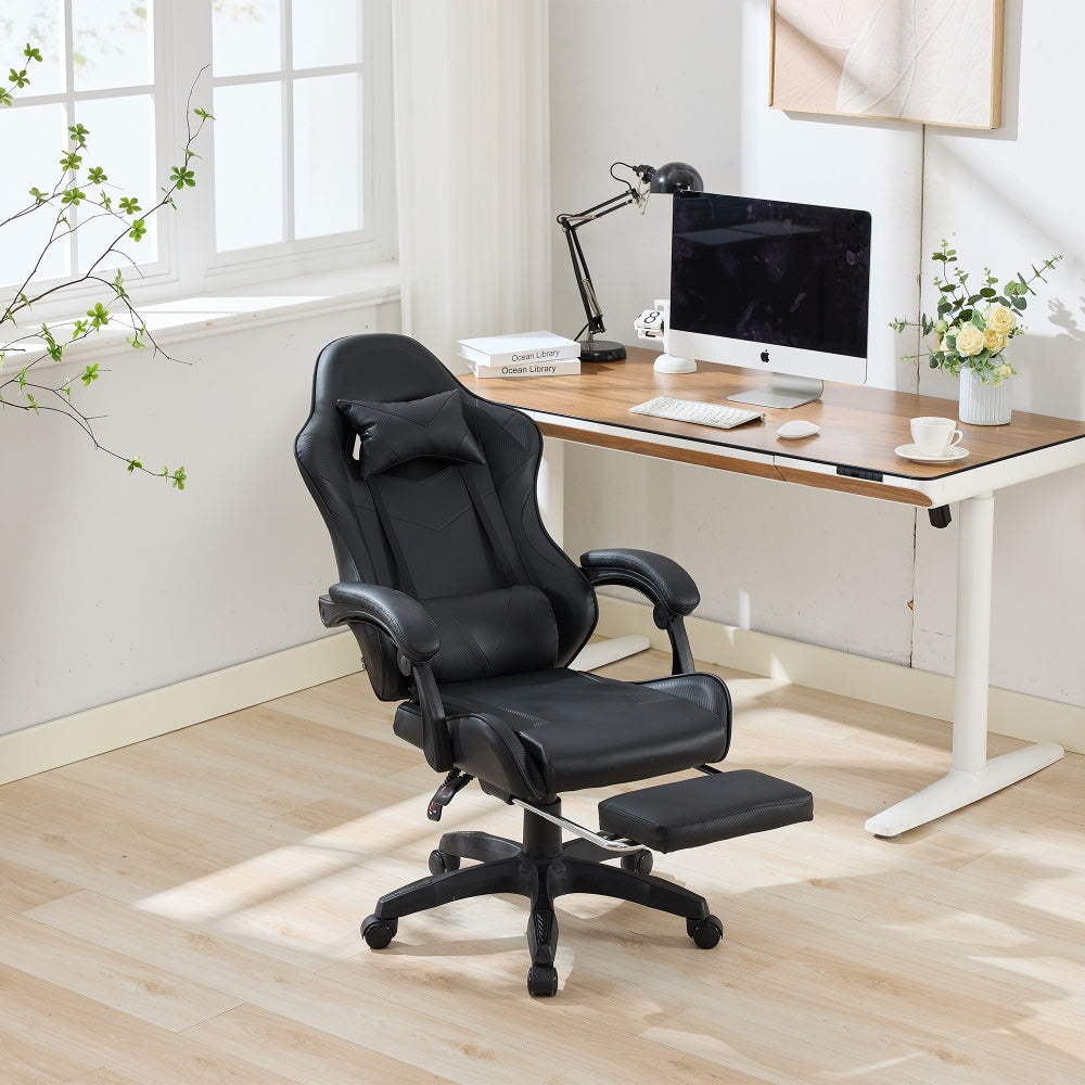 360° Swivel Ergonomic Racing-Style Gaming Chair | Leather High-Back Office Chair with Height-Adjustable Work Chair, Footrest, Headrest, Lumbar Support, Suitable for Office and Gaming Use, Black